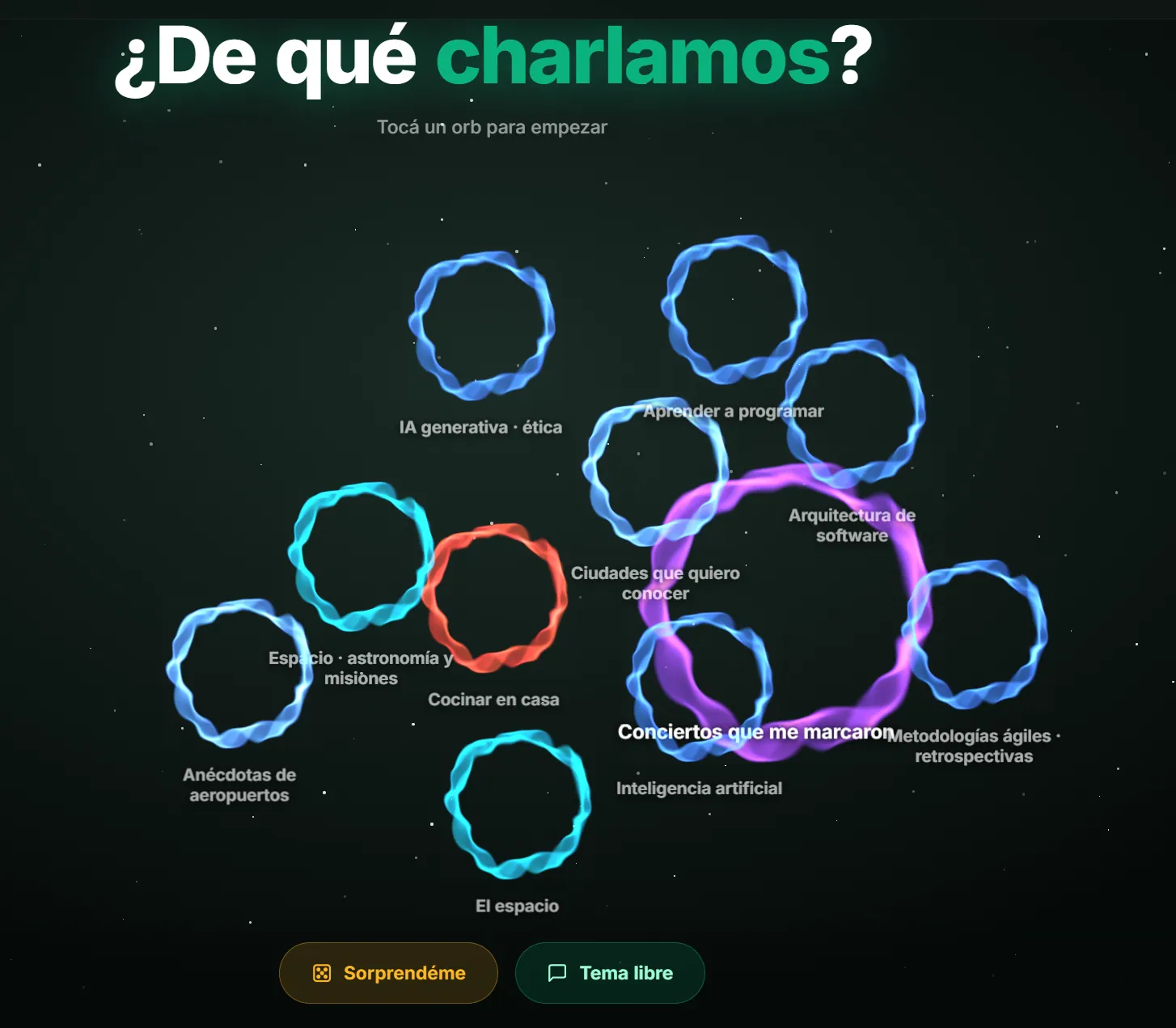 Galaxia de tópicos en Habláh: orbs flotando sobre fondo espacial